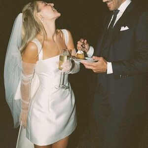 Square Neck White Satin Short Wedding Dress with Back Bow